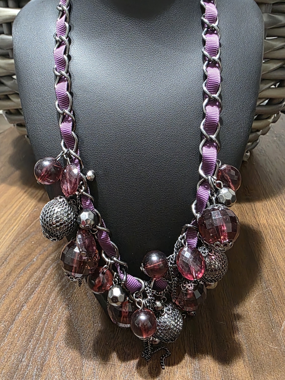Purple Bead & Ribbon Statement Necklace